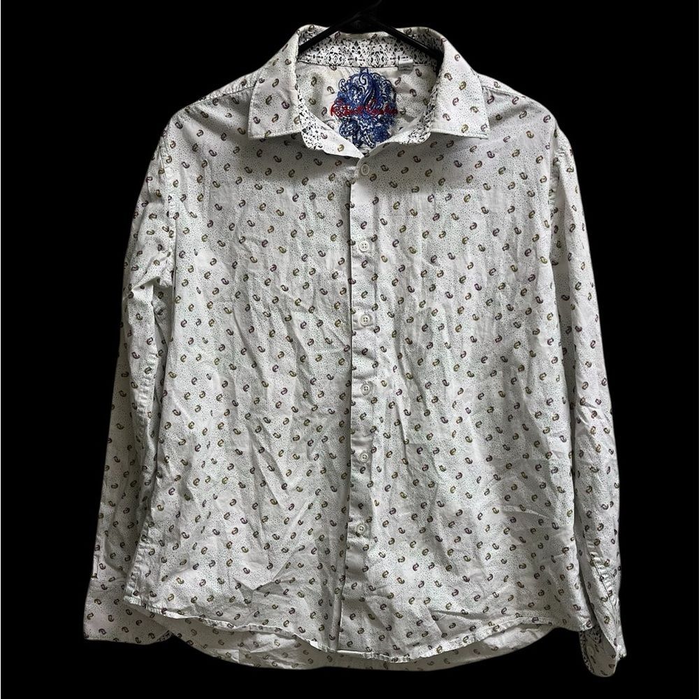 Robert Graham White Dotted Paisley Classic Fit Long Sleeve Shirt Flip Cuff SZ L